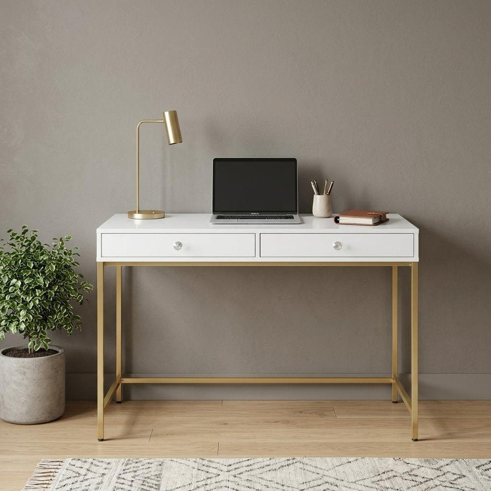 47" White and Gold Computer Desk With Two Drawers