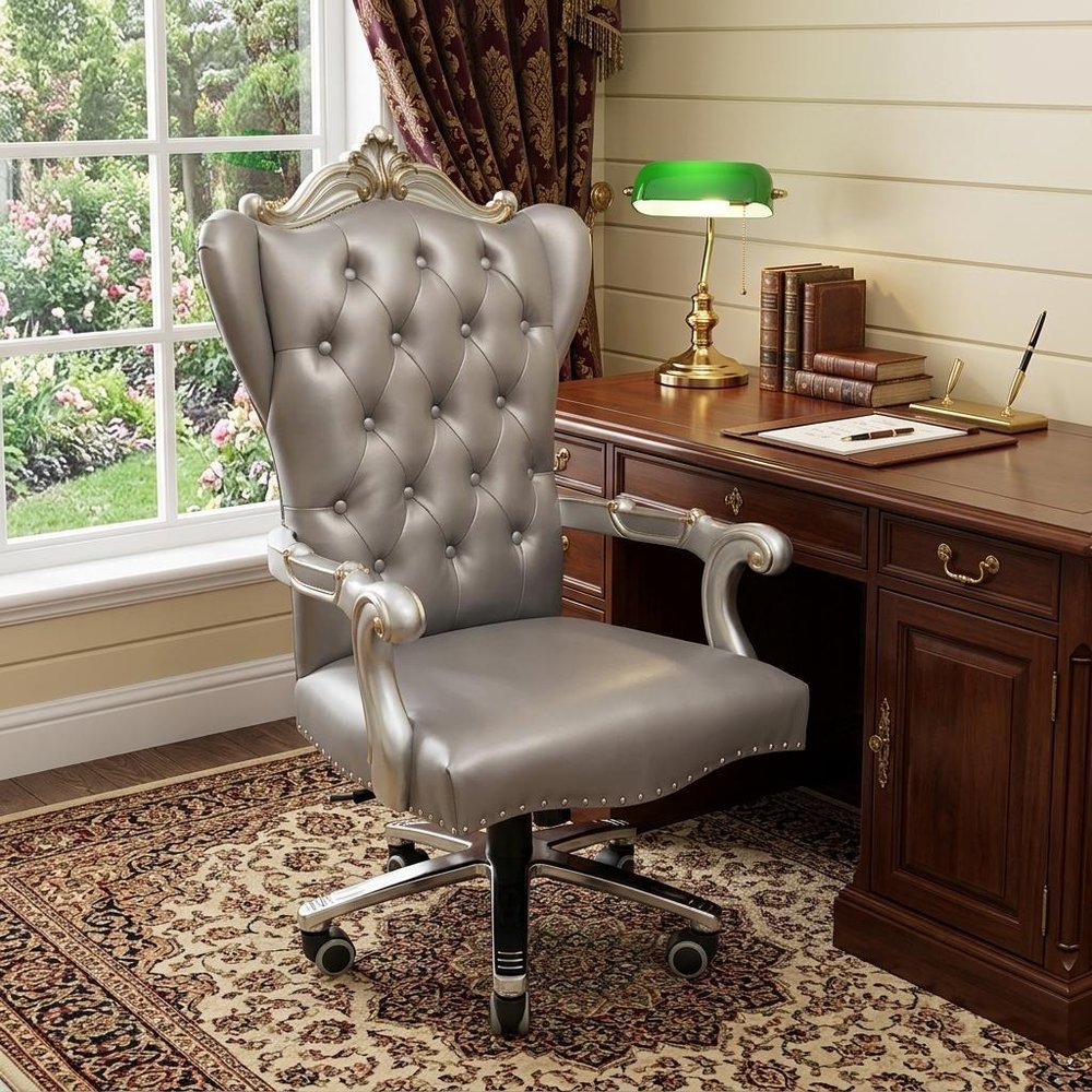 Gray Faux Leather Tufted Seat Swivel Adjustable Executive Chair Leather Back