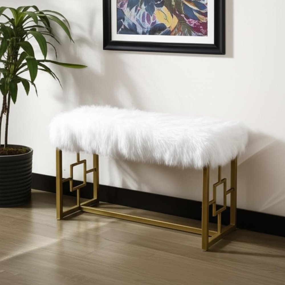 38" White And Gold Faux Fur And Metal Upholstered Bench