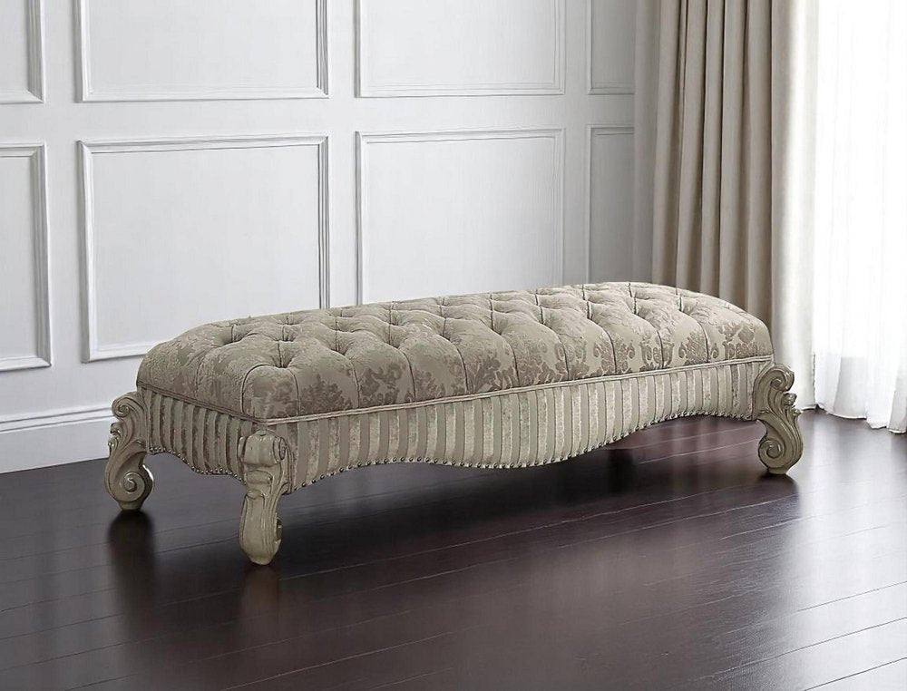 65" Ivory And Bone Tufted Damask Fabric And Polyresin Upholstered Bench