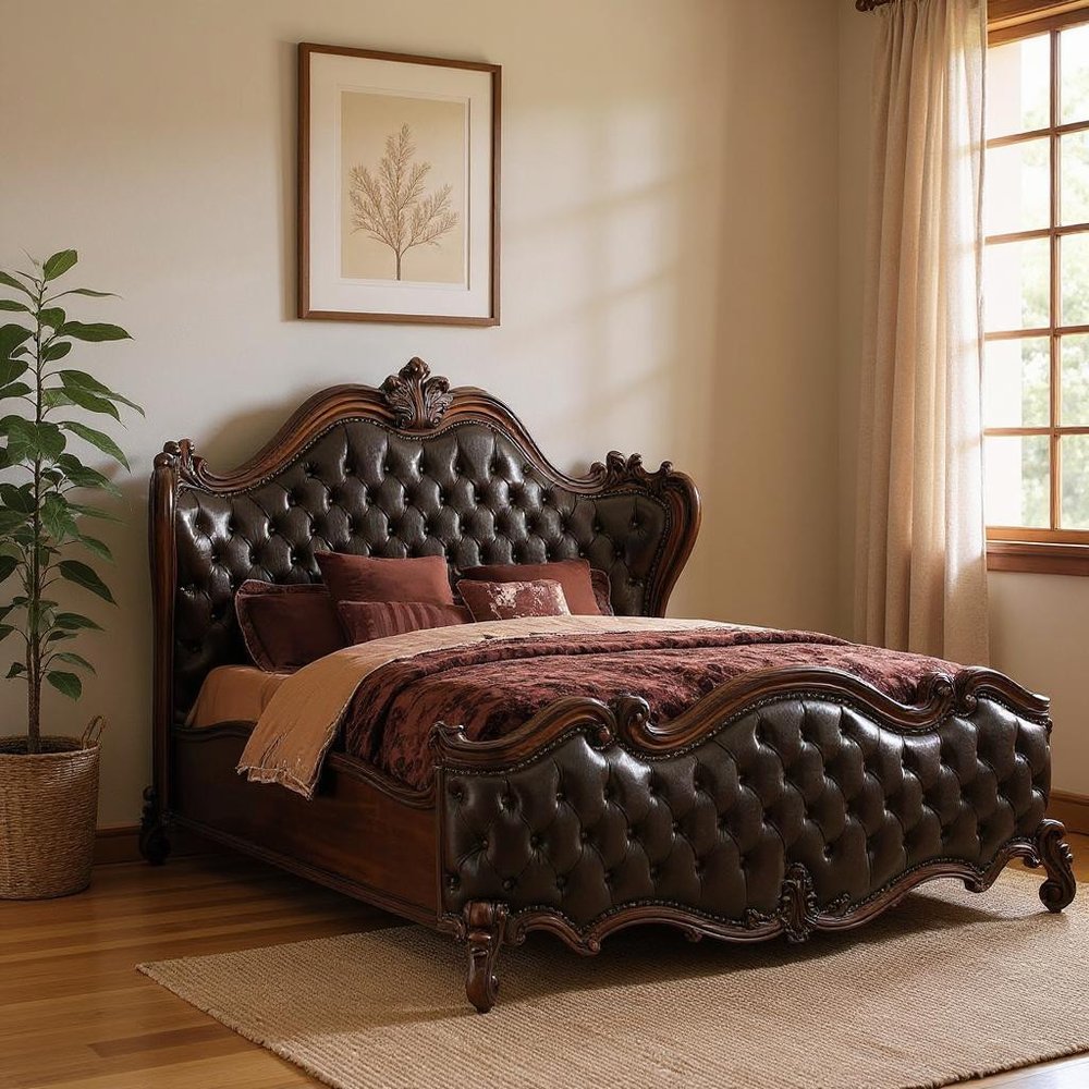 Dark Brown King Bed Frame with Nailhead Trim