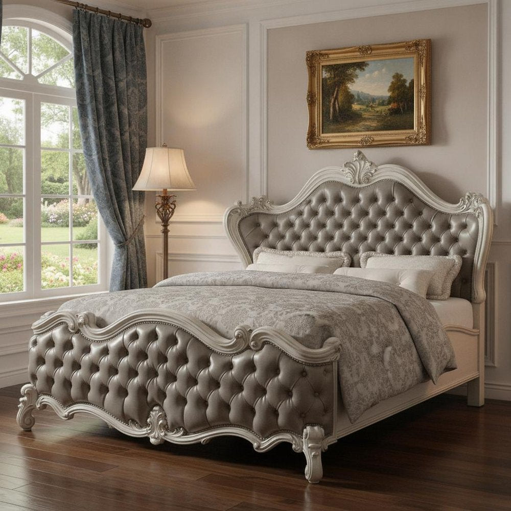 King Tufted Ivory And Gray Upholstered Faux Leather Bed With Nailhead Trim