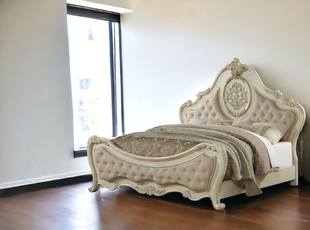 Beige Wood And Tufted Linen Queen Bed Frame With Nailhead Trim