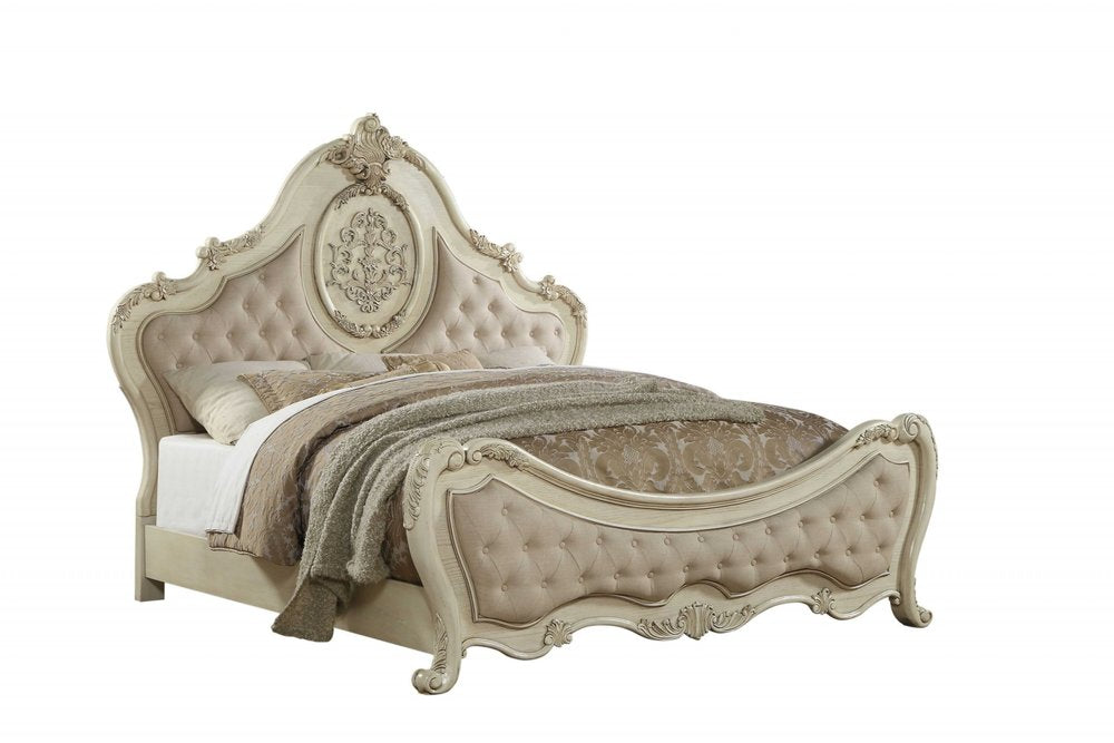 Beige Wood And Tufted Linen Queen Bed Frame With Nailhead Trim