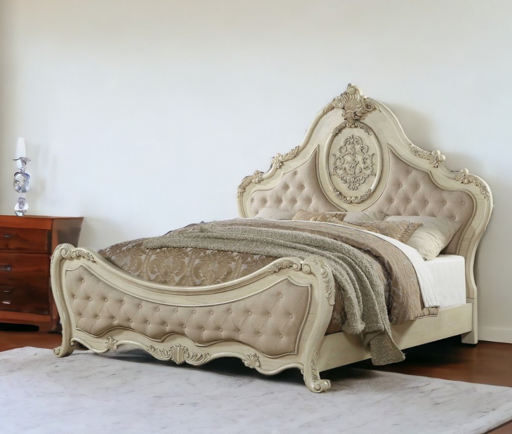 Beige Wood And Tufted Linen Queen Bed Frame With Nailhead Trim