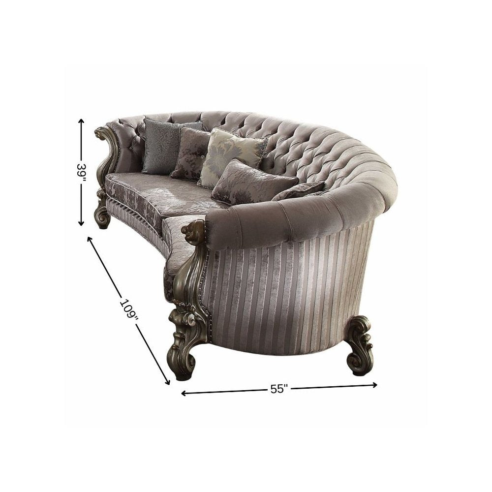 55" Gray Velvet Curved Floral Sofa And Toss Pillows With Champagne Legs