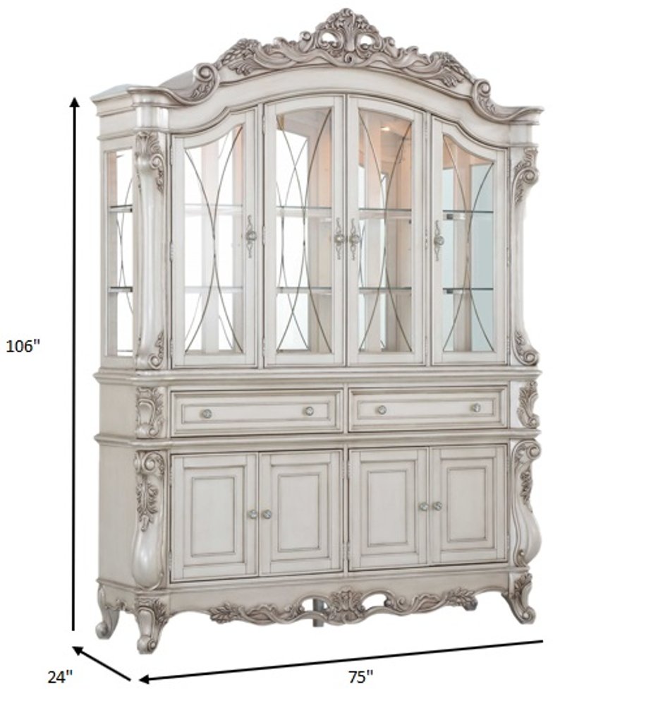 24" X 75" X 106" Antique White Wood Glass Mirror Hutch Buffet
