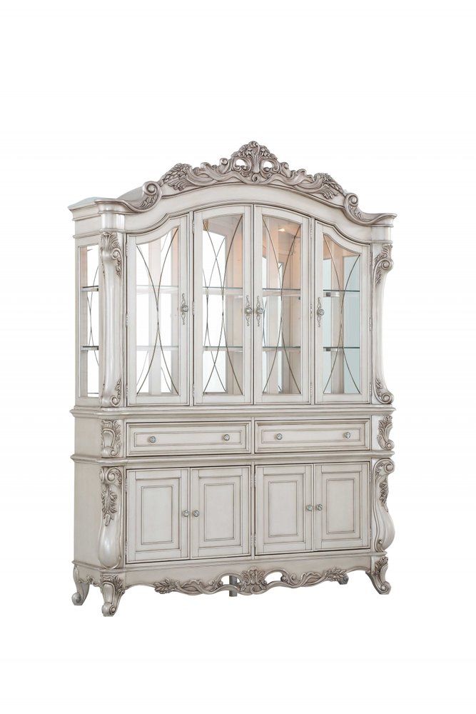 24" X 75" X 106" Antique White Wood Glass Mirror Hutch  Buffet