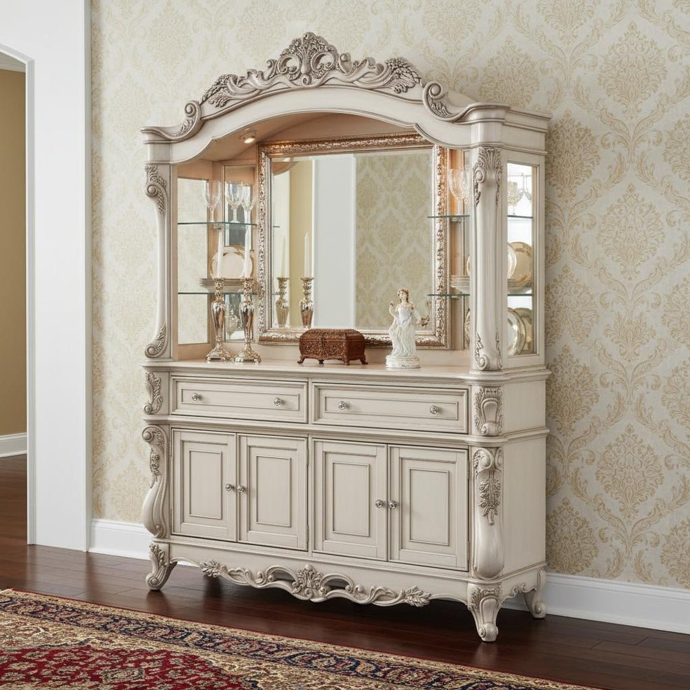 24" X 75" X 106" Antique White Wood Glass Mirror Hutch Buffet