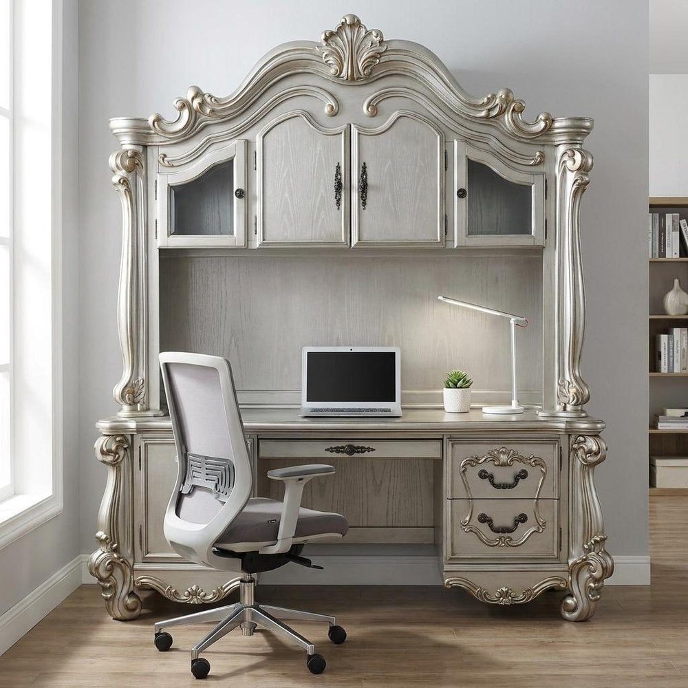 21" Platinum Solid Wood Peninsula Computer Desk With Four Cabinets Five Drawers