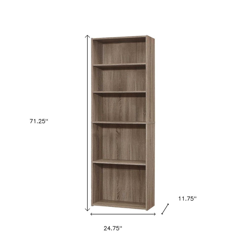 71" Taupe Distressed Wood Adjustable Five Tier Bookcase