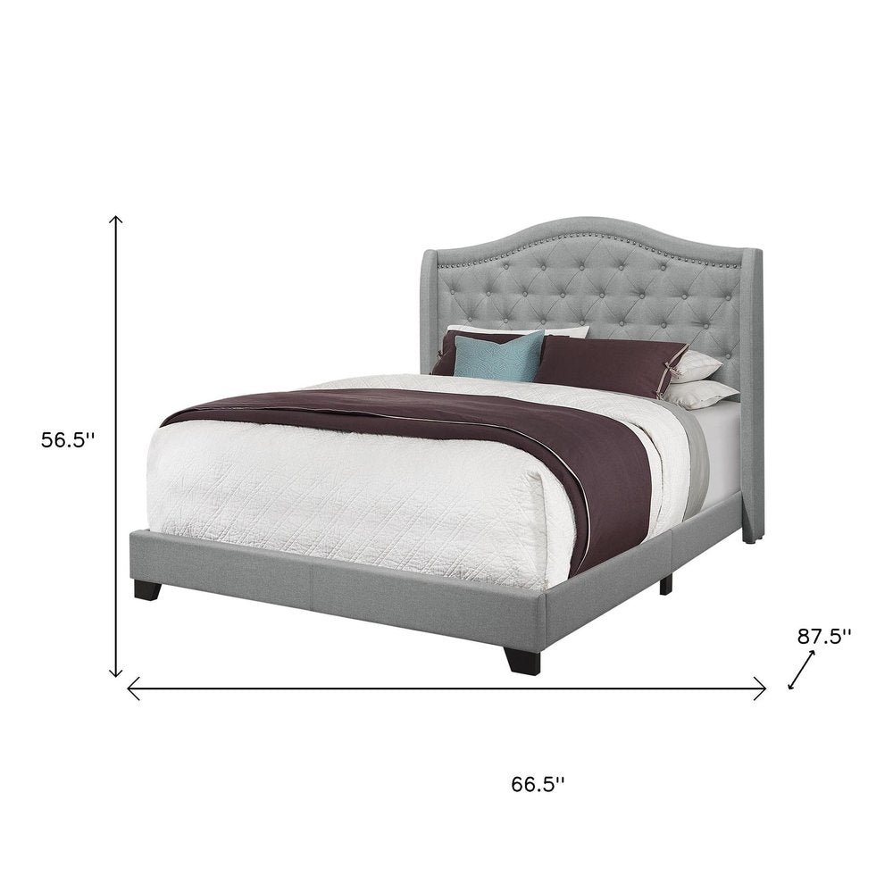 Solid Wood Queen Tufted Gray Upholstered Linen Bed With Nailhead Trim