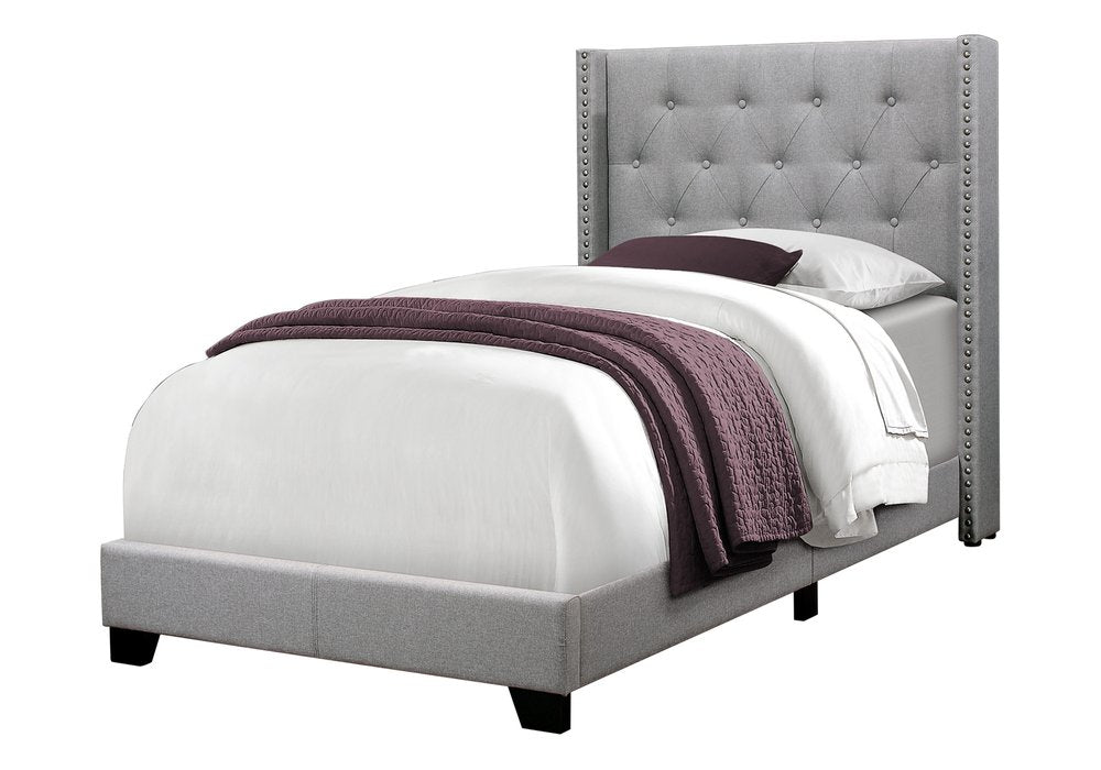 Gray Solid Wood Twin Tufted Upholstered Linen Bed Frame with Nailhead Trim