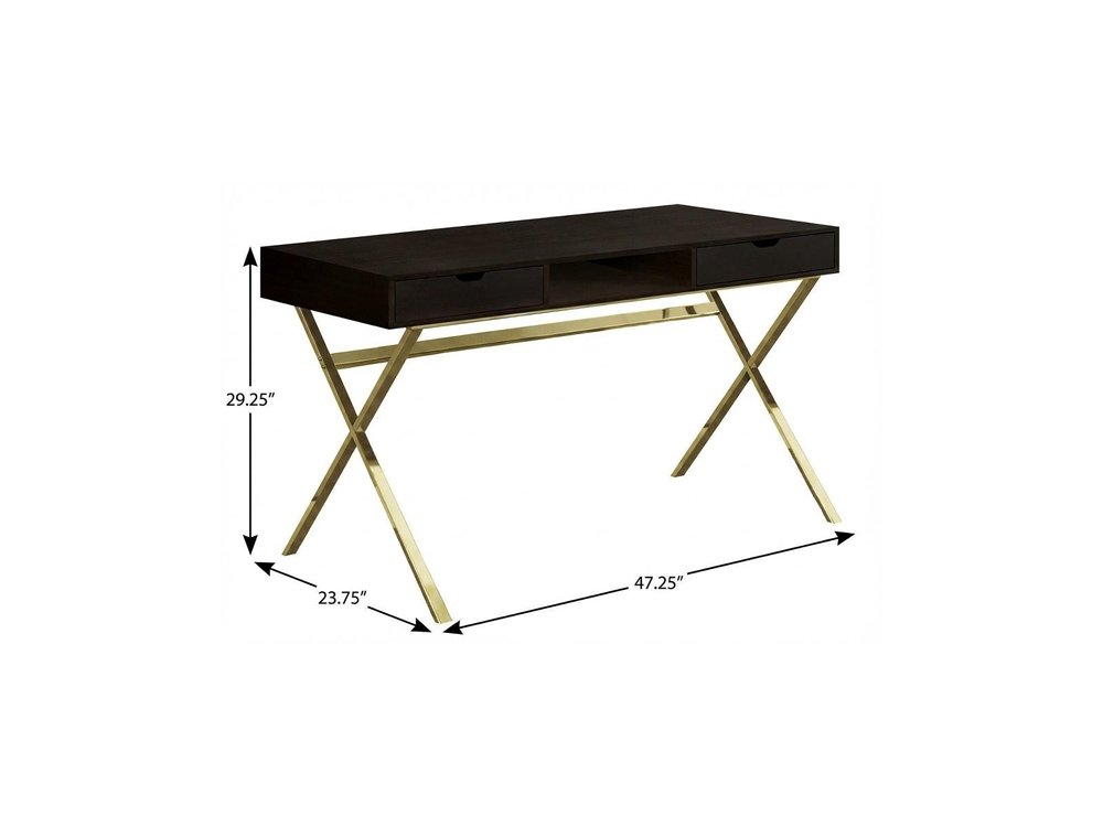 47" Dark Brown and Gold Computer Desk With Two Drawers