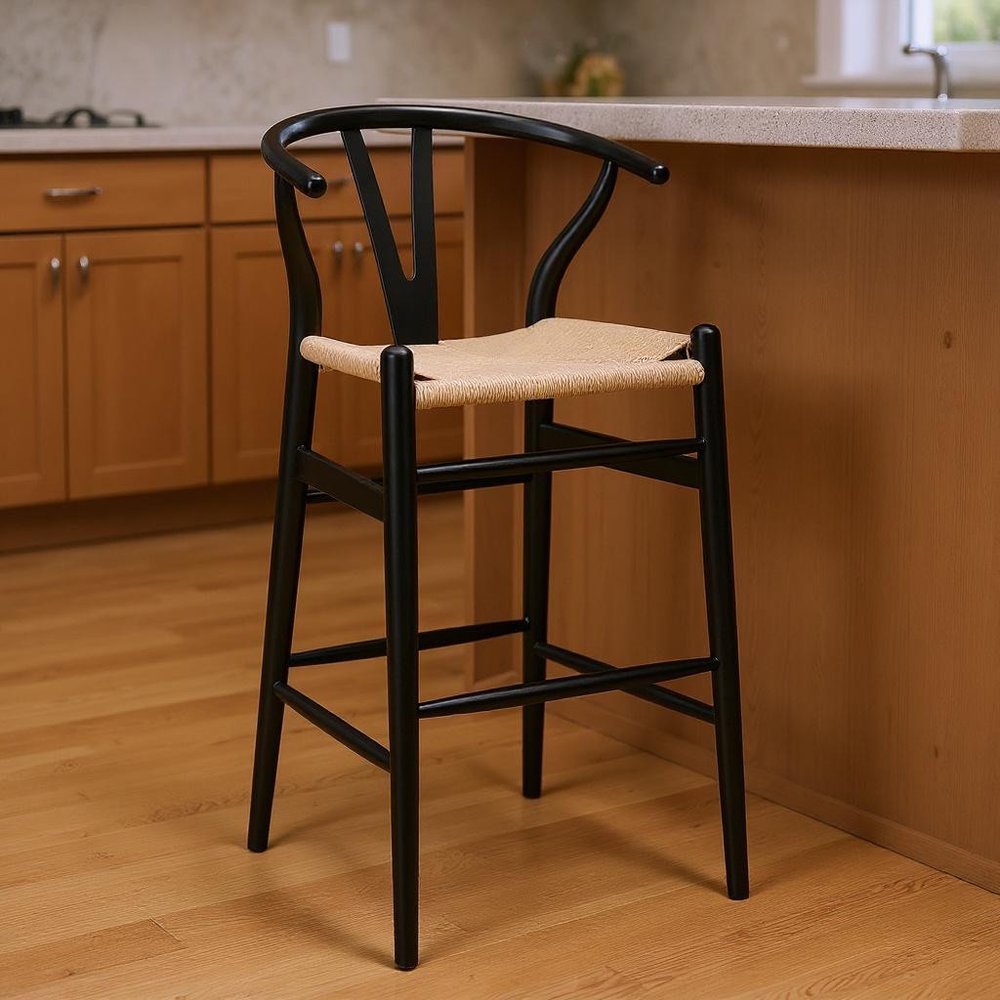 30" Natural And Black Solid Wood Low Back Counter Height Bar Chair