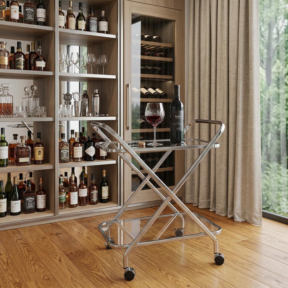 26" Silver Metal and Glass Rolling Bar Cart