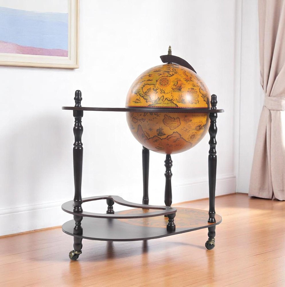 32" Brown Solid Wood Oval Rolling Bar Cart With Wine Storage