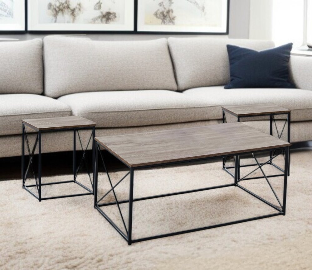 Set of Three 42" Beige And Black Metal Coffee Table