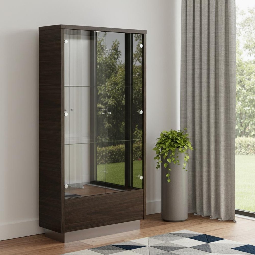 43" Silver and Dark Brown Display Stand With Three Shelves And One Drawer