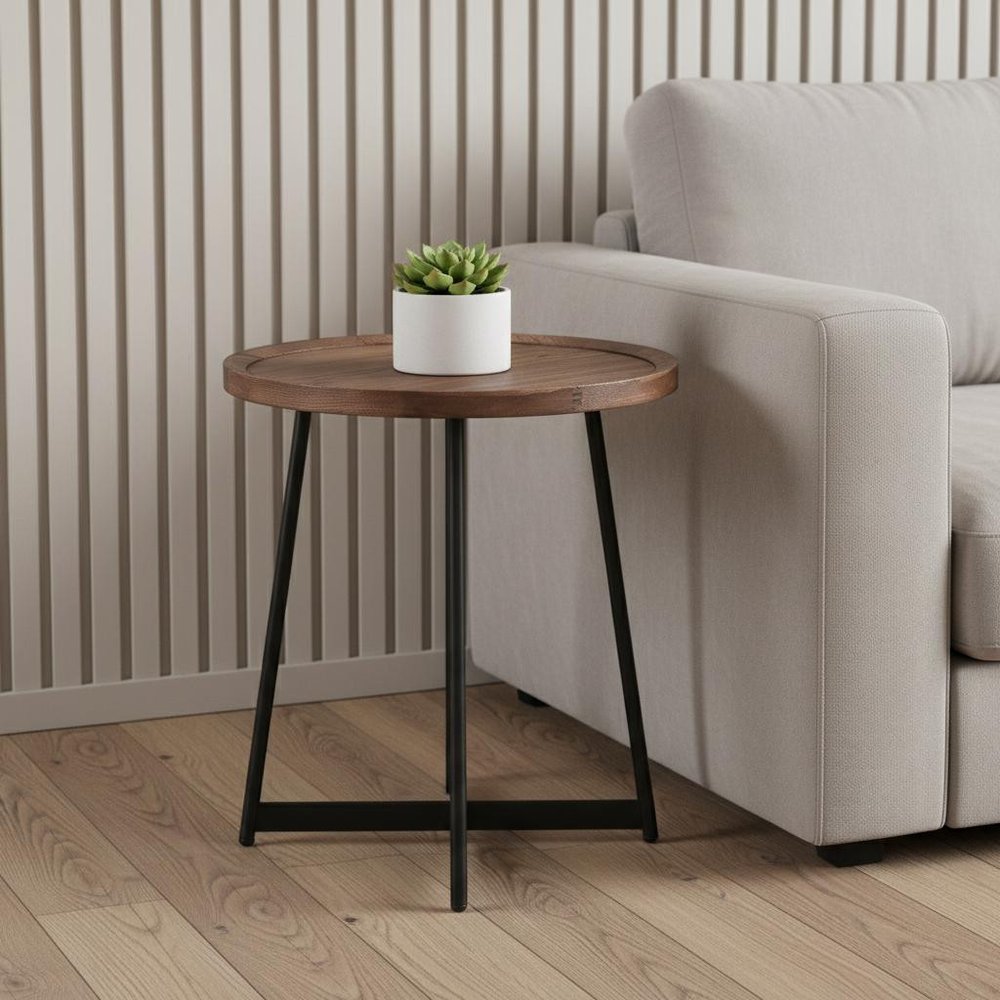 22" Brown and Black Wood and Steel Round Cross Legs End Table