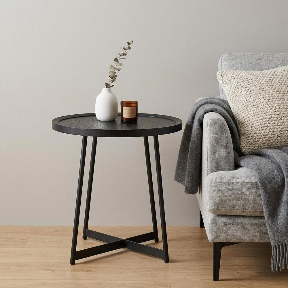 22" Matte Black Wood and Steel Round Cross Legs End Table