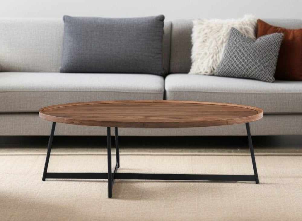 24" Brown and Black Wood And Metal Oval Frame Coffee Table