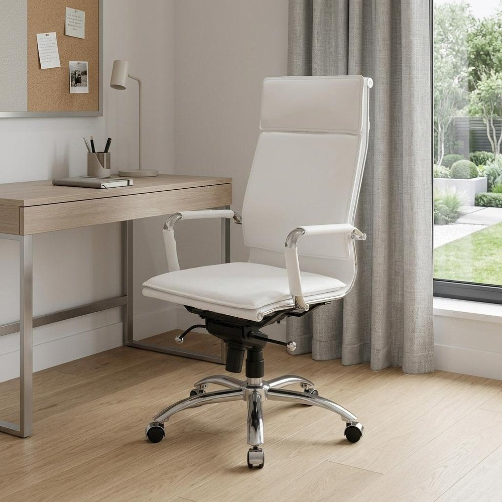 White and Silver Adjustable Swivel Faux Leather Rolling Executive Office Chair