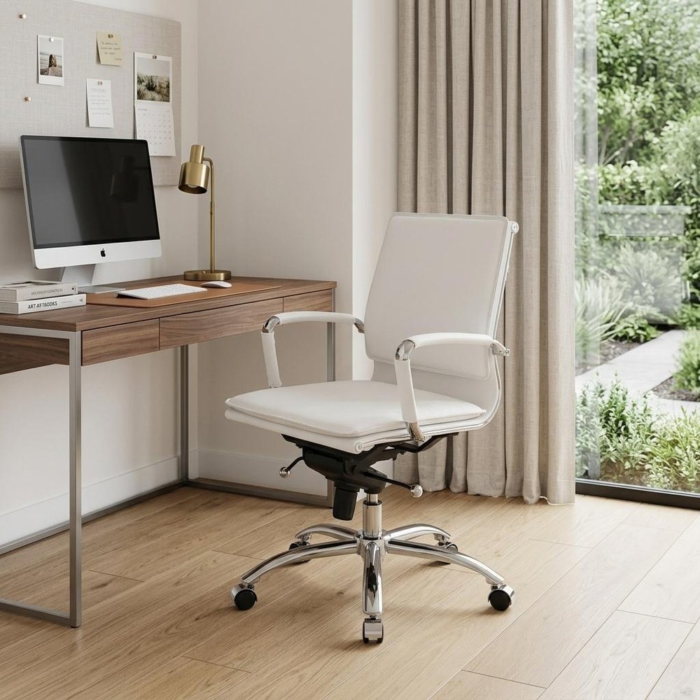White and Silver Adjustable Swivel Faux Leather Rolling Conference Office Chair