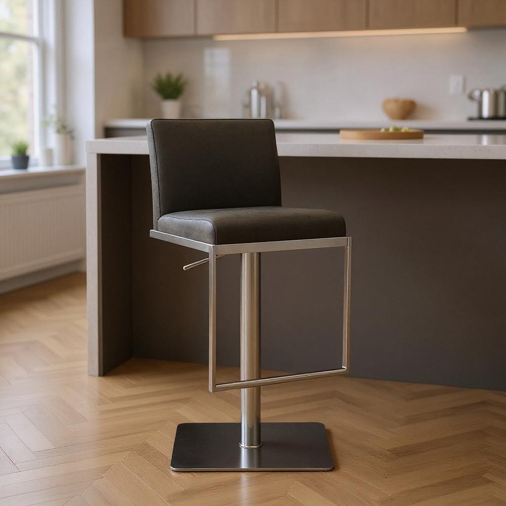 Dark Gray and Silver Faux Leather And Steel Adjustable Bar Chair