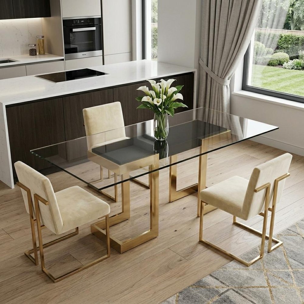 87" Clear And Gold Glass And Stainless Steel Double Pedestal Base Dining Table