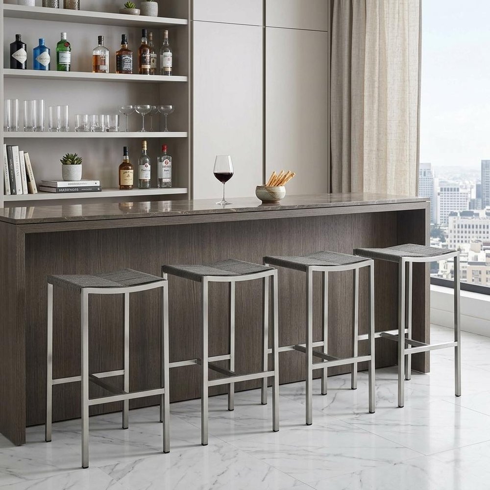 Set of Four 28" Brown and Silver Iron and Steel Backless Counter Height Bar Chairs