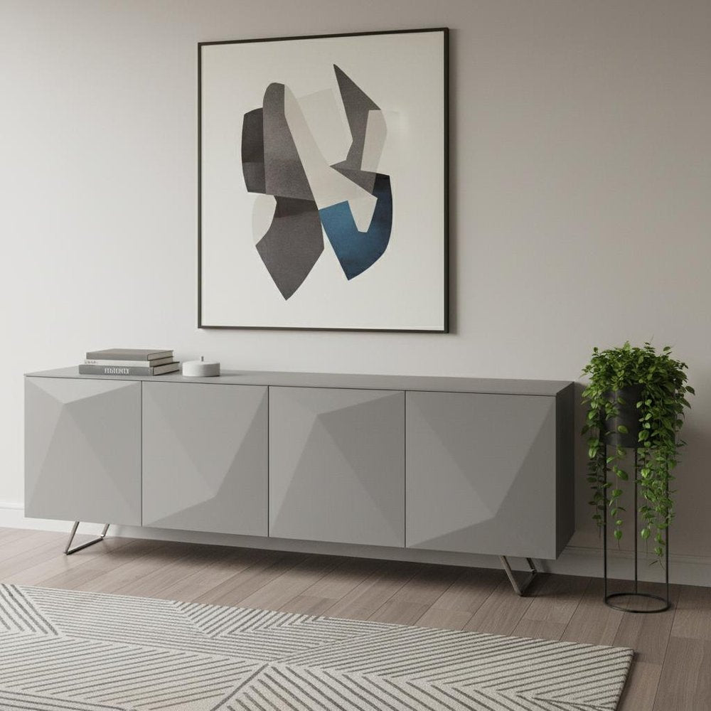 94" Gray Wood And Glass Carved Geometric Sideboard