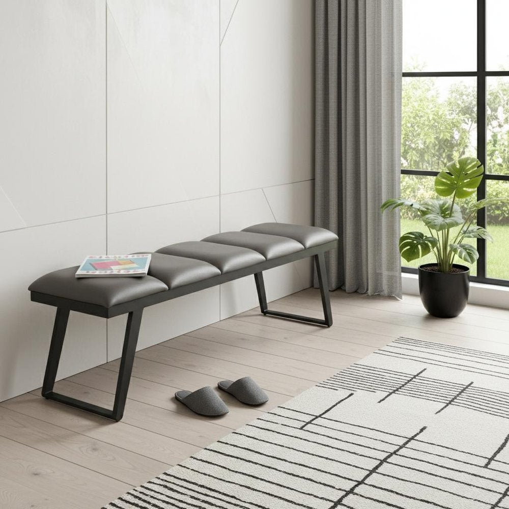 57" Gray Faux Leather And Steel Upholstered Bench