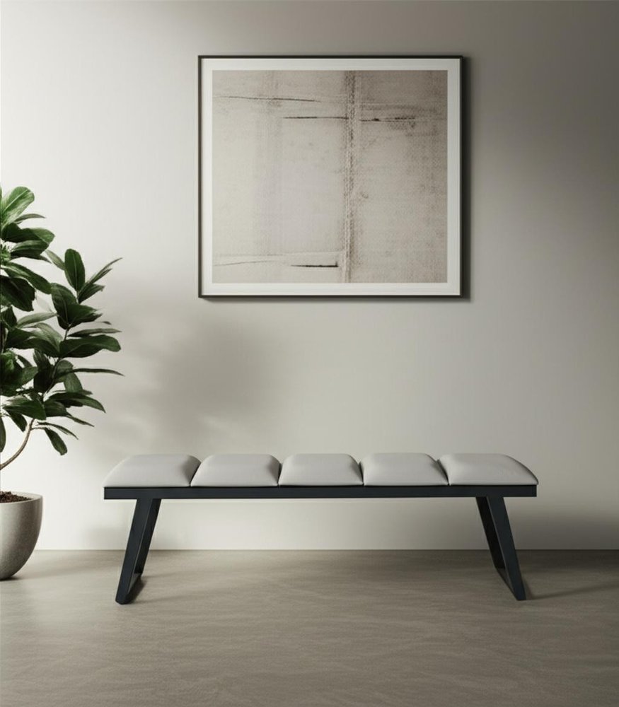 57" Light Gray And Black Faux Leather And Steel Upholstered Bench
