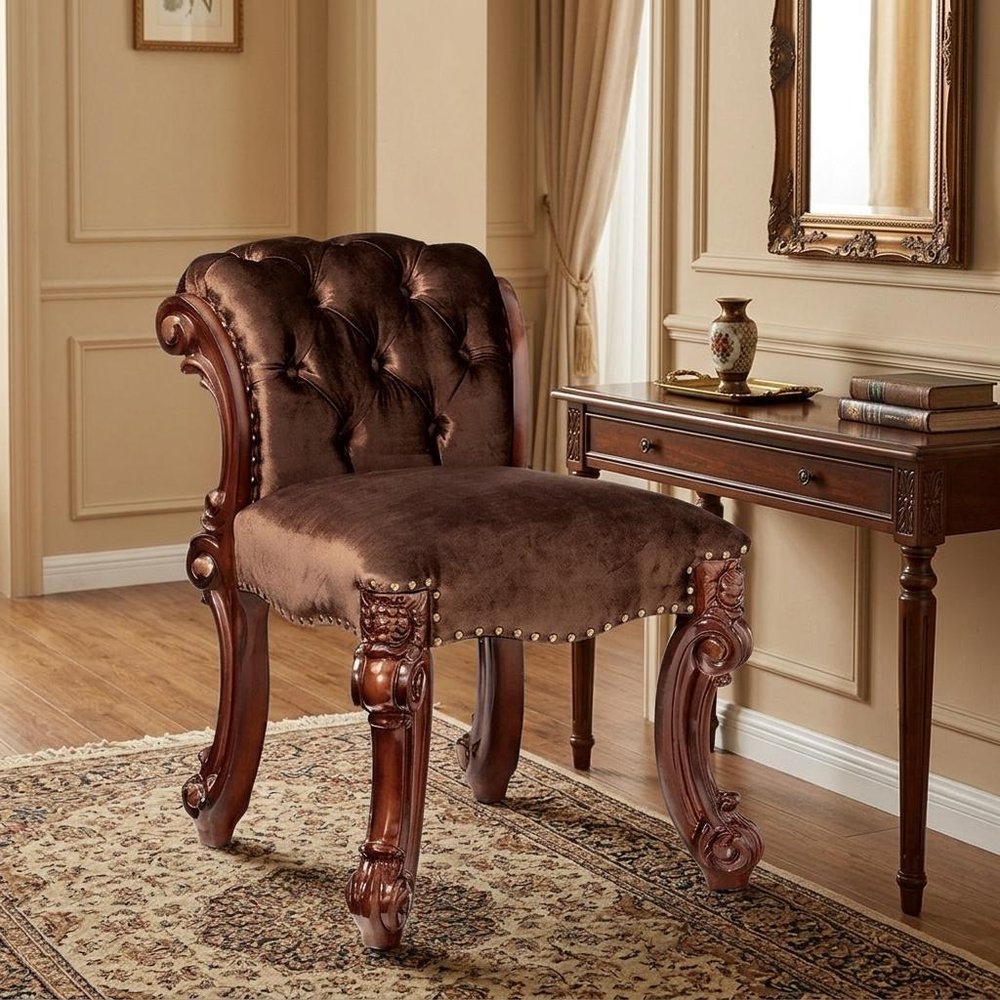25" Dark Brown Fabric and Wood Vanity Chair