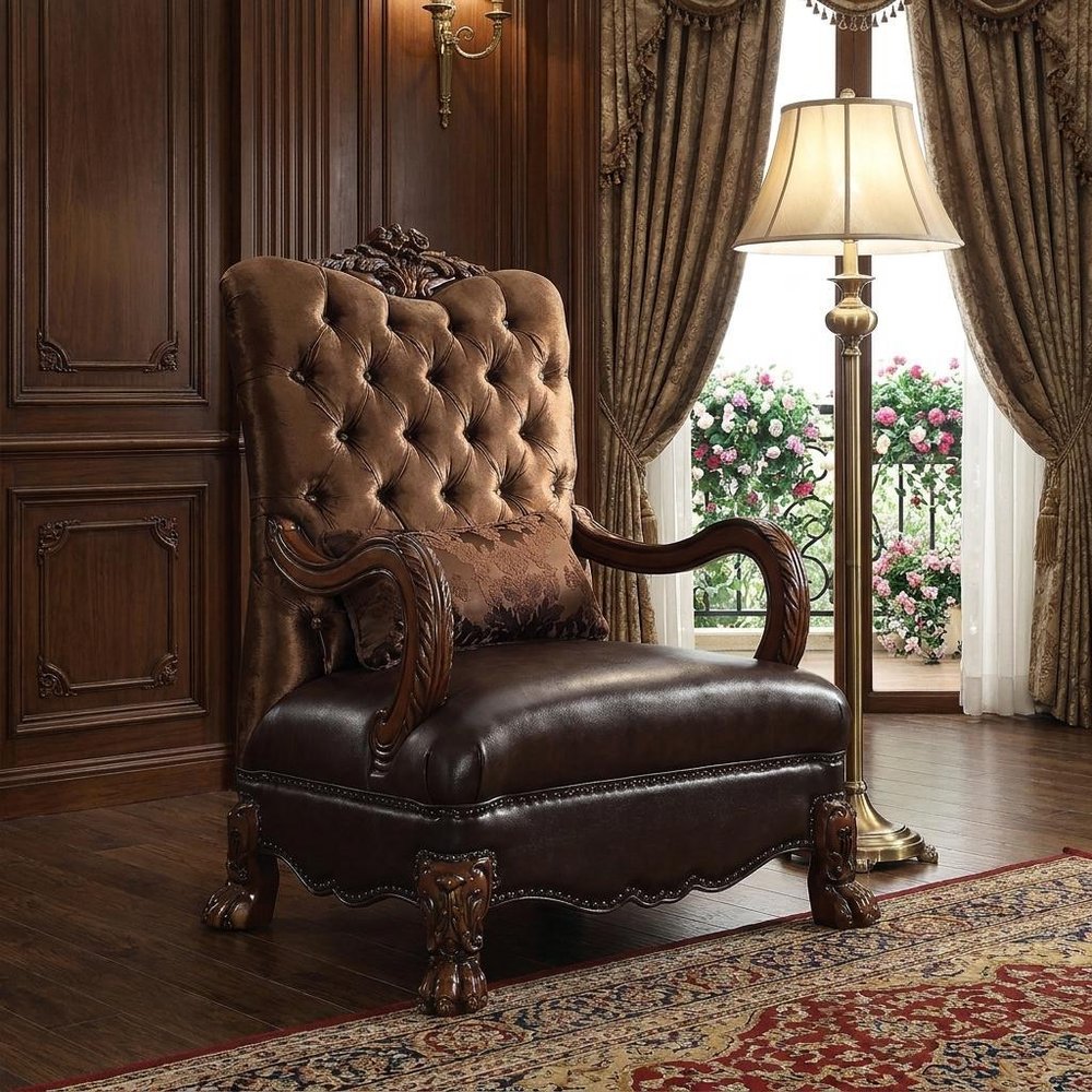 34" Golden Brown Tufted Velvet and Wood Arm Chair And Toss Pillow