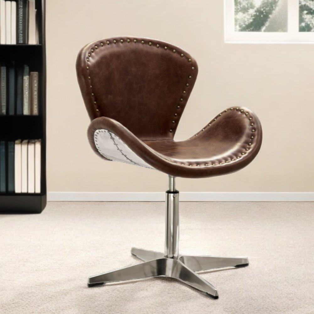 25" Brown and Silver Faux Leather Distressed Swivel Arm Chair