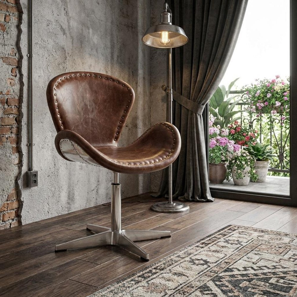 25" Brown and Silver Faux Leather Distressed Swivel Arm Chair