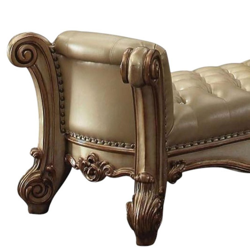 74" Bone and Gold Tufted Faux Leather Upholstered Bench