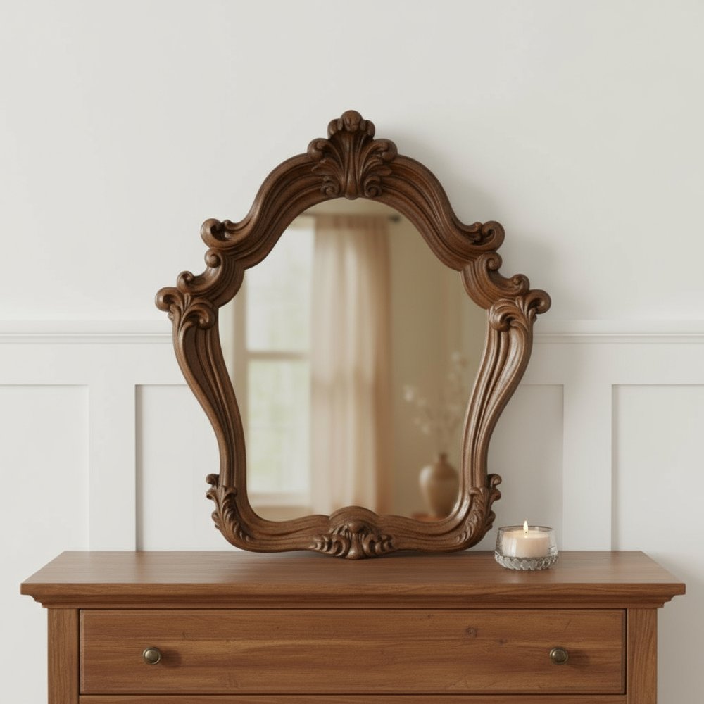 47" Brown Crowned Top Solid Wood Framed Mounted Dresser Mirror