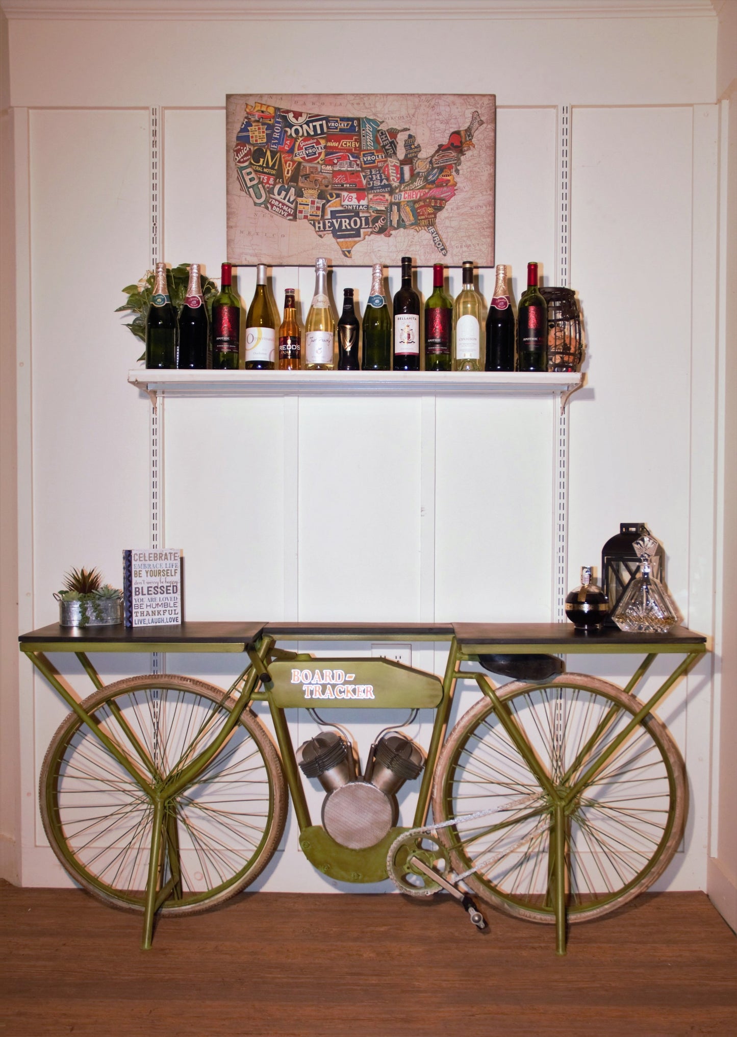 71" Brown and Green Solid Wood and Metal Bike Kitchen Cart