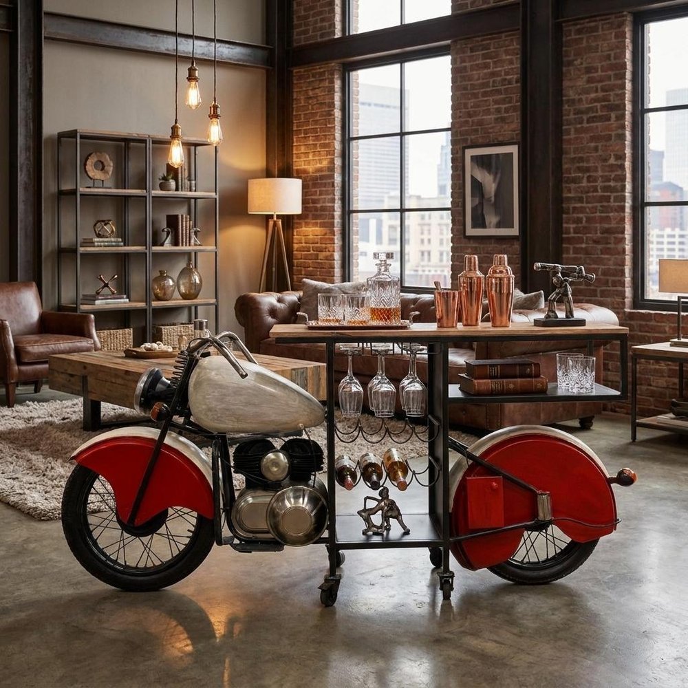 Red and Black Metal And Wood Rolling Glider Bike Bar Cart With Wine Storage