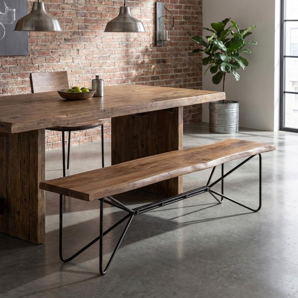 66" Brown And Black Iron Distressed and Solid Wood Live Edge Dining Bench
