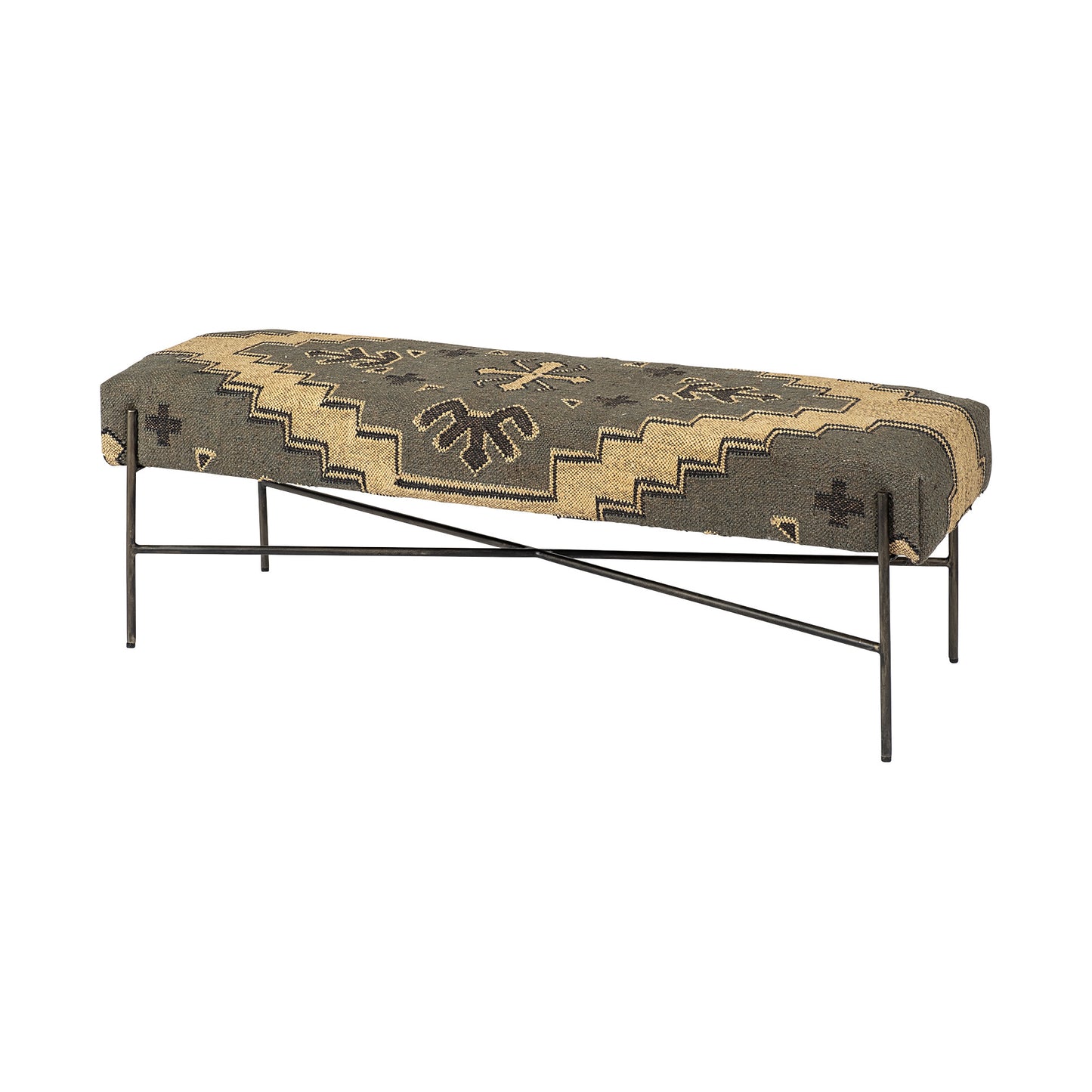 55" Green Brown and Black Upholstered Abstract Cotton Blend Bench