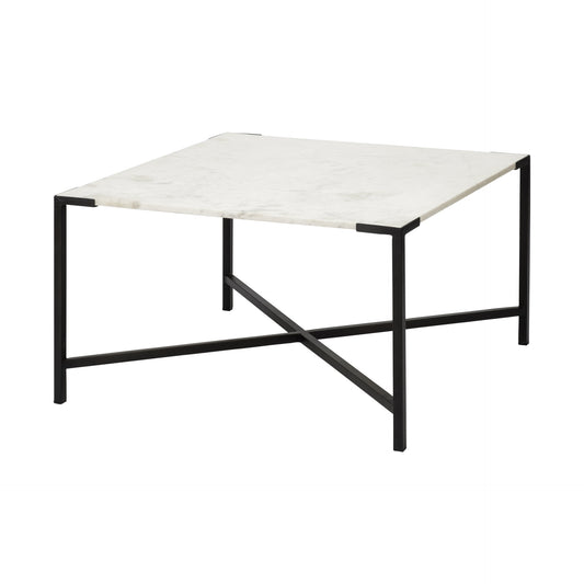 30" Black And White Genuine Marble and Metal Square Cross Legs Coffee Table