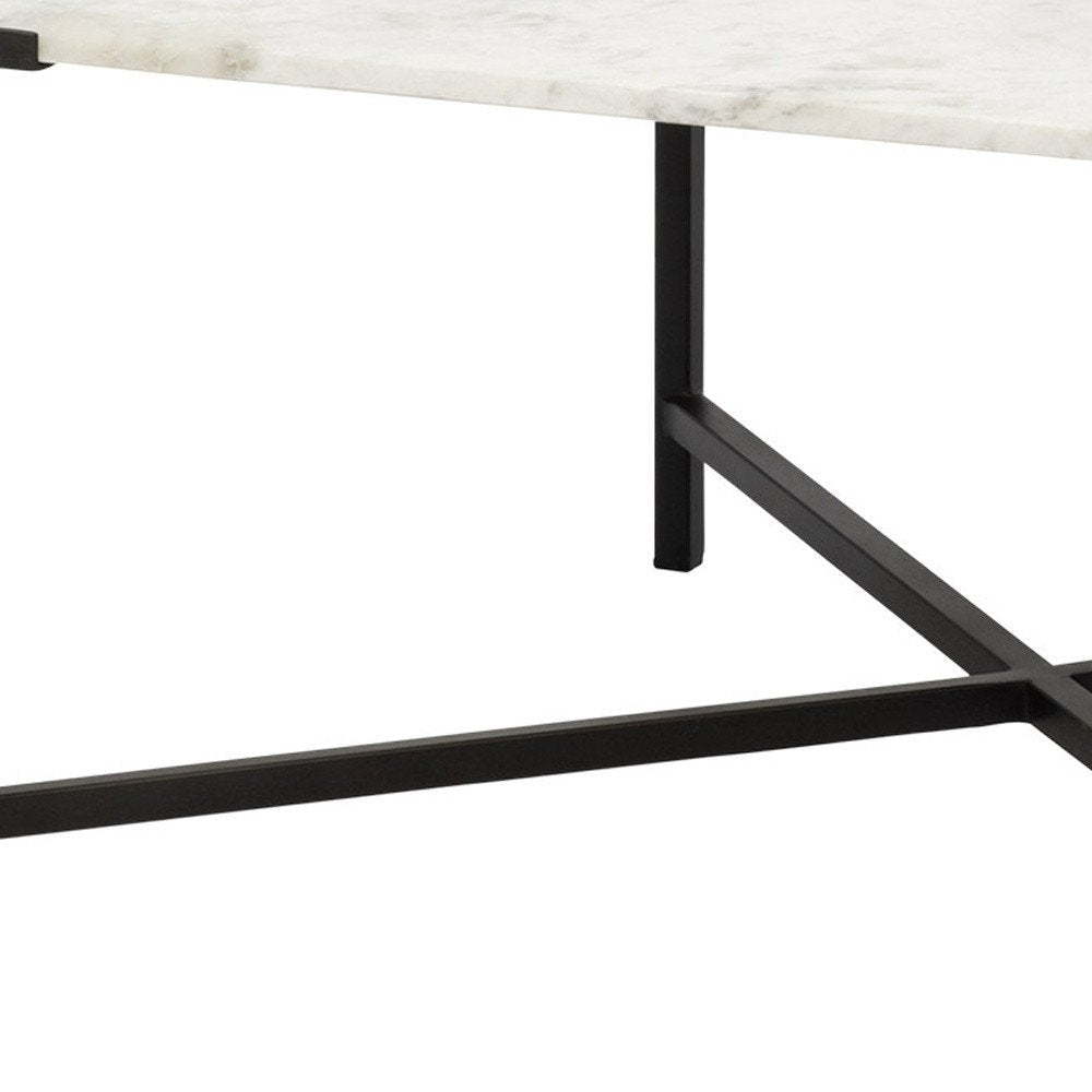 30" Black And White Genuine Marble and Metal Square Cross Legs Coffee Table