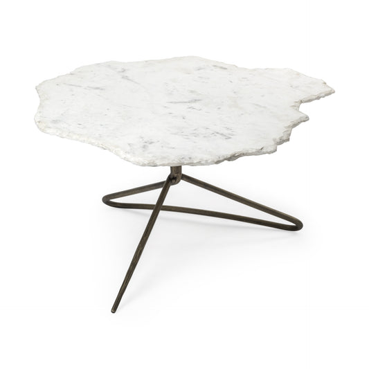 33" White and Gold Genuine Marble and Iron Free Form Coffee Table