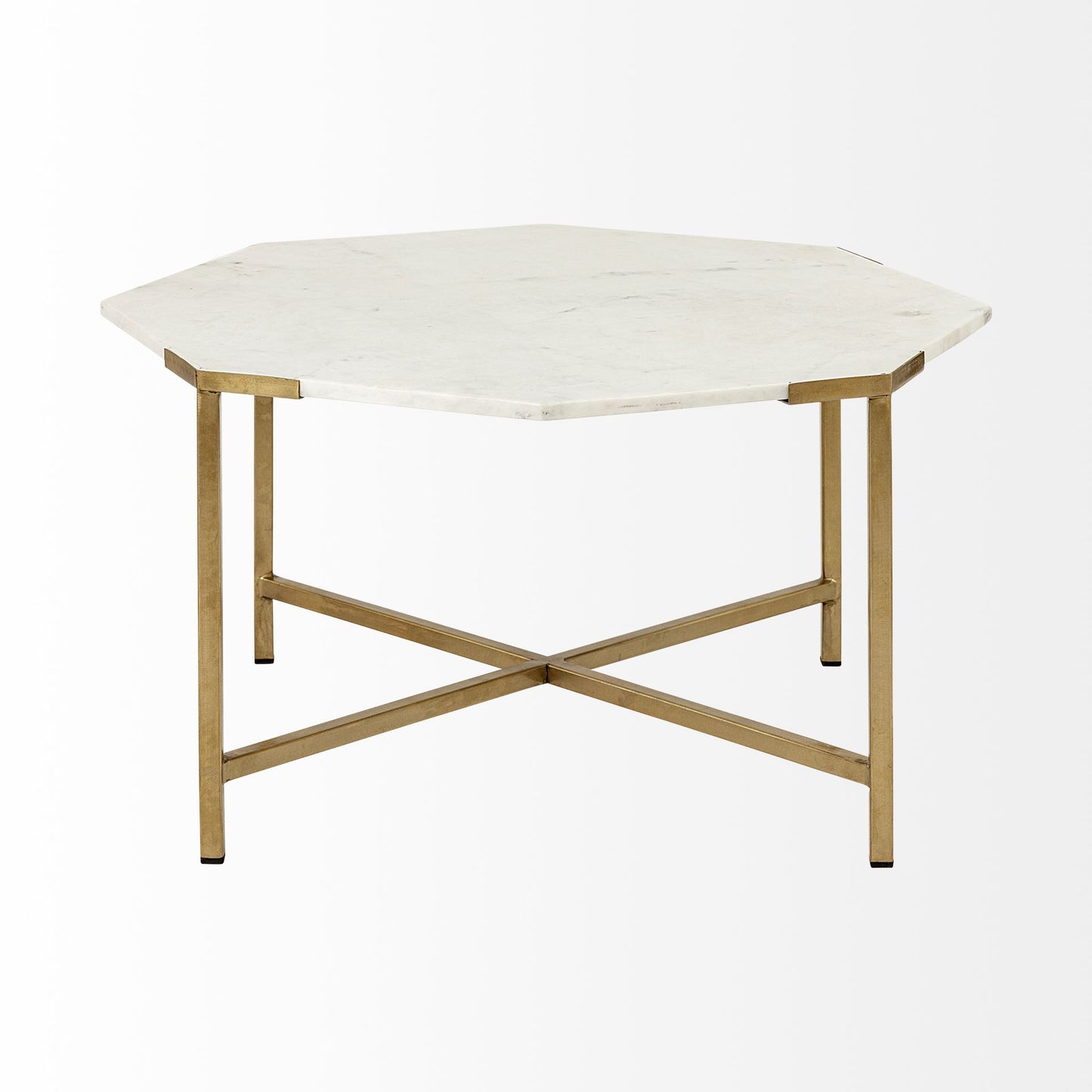 33" White and Gold Genuine Marble and Metal Octagon Coffee Table