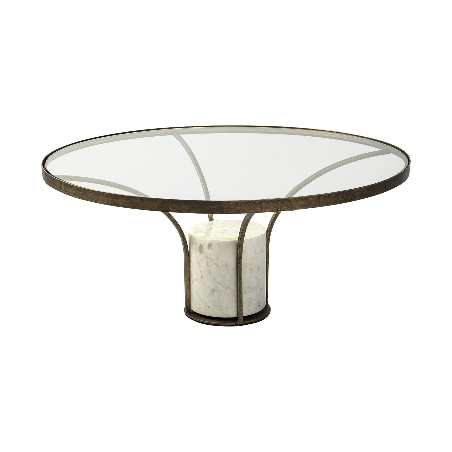 36" Antiqued Gold And White Glass Iron and Marble Round Pedestal Coffee Table