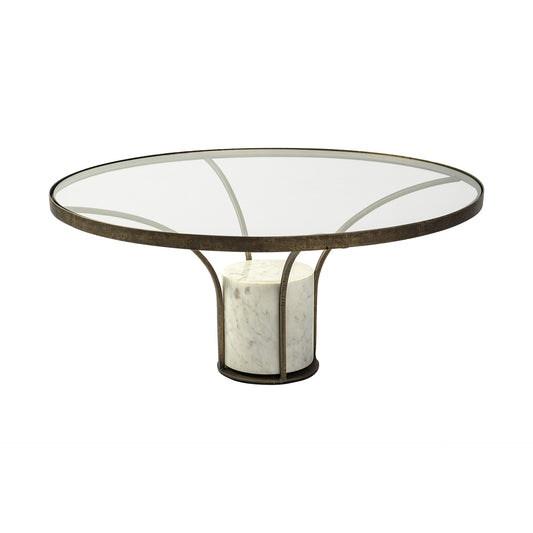 36" Antiqued Gold And White Glass Iron and Marble Round Pedestal Coffee Table